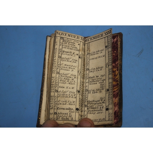 199 - A BOX OF ANTIQUARIAN MINIATURE AND POCKET SIZE BOOKS TO INCLUDE OXFORD ALMANAC 1730, BRICES ENGLISH ... 