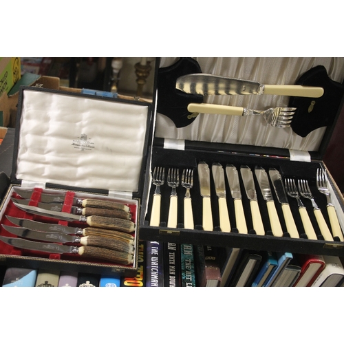 546 - A TRAY OF COLLECTIBLES AND FLATWARE TO INCLUDE A SEIKO WALL CLOCK DRESSING TABLE SET, BONE HANDLED K... 