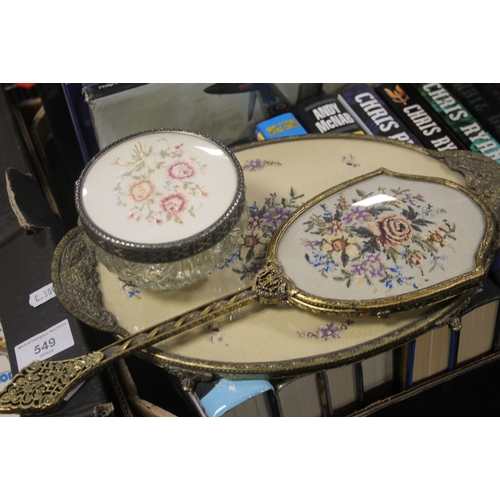 546 - A TRAY OF COLLECTIBLES AND FLATWARE TO INCLUDE A SEIKO WALL CLOCK DRESSING TABLE SET, BONE HANDLED K... 