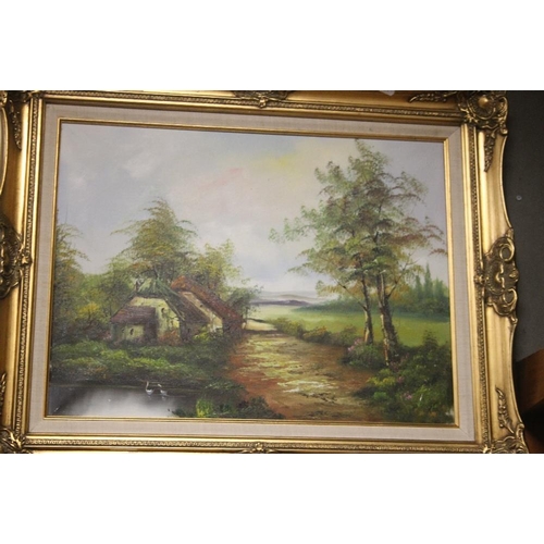 1 - A GILT FRAMED OIL ON CANVAS OF A COUNTRYSIDE SCENE 64 CM X 69 CM