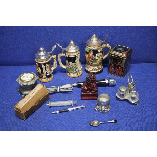 102 - A COLLECTION OF THREE BEER STEINS TOGETHER WITH A SMALL QUANTITY OF COLLECTABLES