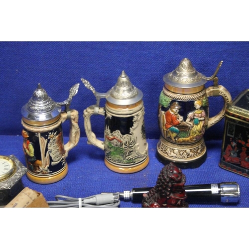 102 - A COLLECTION OF THREE BEER STEINS TOGETHER WITH A SMALL QUANTITY OF COLLECTABLES