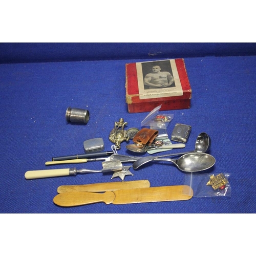 107 - A QUANTITY OF COLLECTABLES TO INCLUDE LETTER OPENER, VESTA ETC