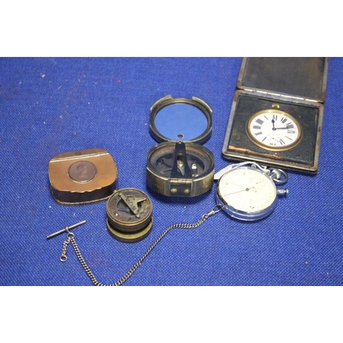 108 - A VINTAGE POCKET COMPASS TOGETHER WITH A WHITE METAL CHAIN POCKET WATCH ETC