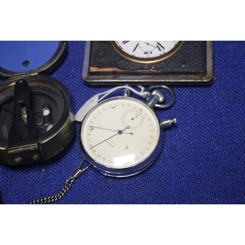 108 - A VINTAGE POCKET COMPASS TOGETHER WITH A WHITE METAL CHAIN POCKET WATCH ETC