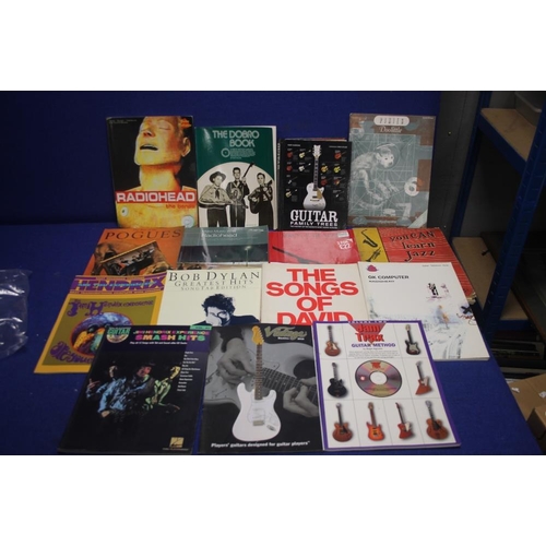 150 - A COLLECTION OF MUSIC RELATED BOOKS TO INCLUDE THE POGUES, BOB DYLAN , BOWIE, RADIO HEAD ETC