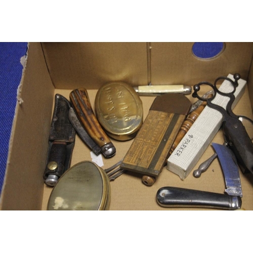 155 - A BOX OF COLLECTABLES TO INCLUDE PEN KNIVES, CORKSCREWS ETC