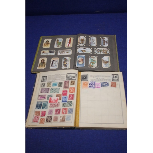 163 - AN ALBUM OF STAMPS TO INCLUDE CHINESE EXAMPLES TOGETHER WITH AN ALBUM OF CIGARETTE CARDS