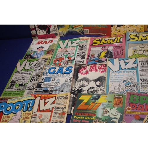 167 - A SELECTION OF COMICS TO INCLUDE BRAIN DAMAGE, SMUT, MAD, GAS SQUAD, VIZ ETC