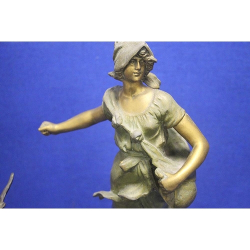 179 - ANTIQUE L AND F MOREAU 2 PIECE SET IN MARBLE AND SPELTER 'SEASONS' STATUE ON MARBLE STAND IN VERY GO... 