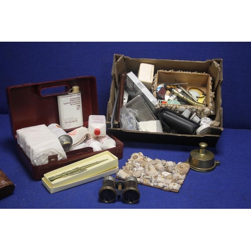 184 - A BOX OF COLLECTABLES TO INCLUDE OPERA GLASSES, AND A PORSCHE CARE KIT