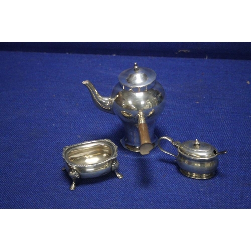 186 - A HALLMARKED SILVER COFFEE POT WITH WOODEN HANDLE A/F TOGETHER WITH A MUSTARD POT ETC