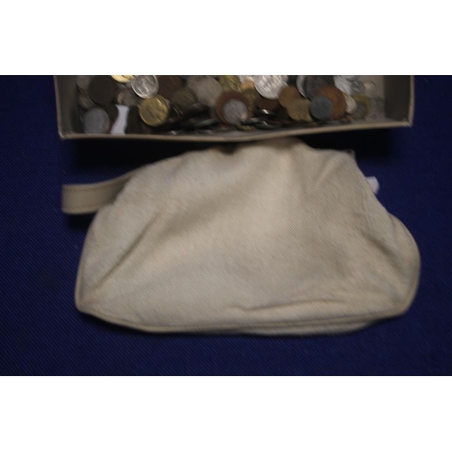 187 - A COLLECTION OF BRITISH AND WORLD COINS WITH A LADIES BAG