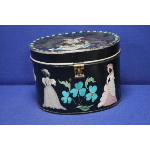 190 - A HAND PAINTED METAL HAT BOX