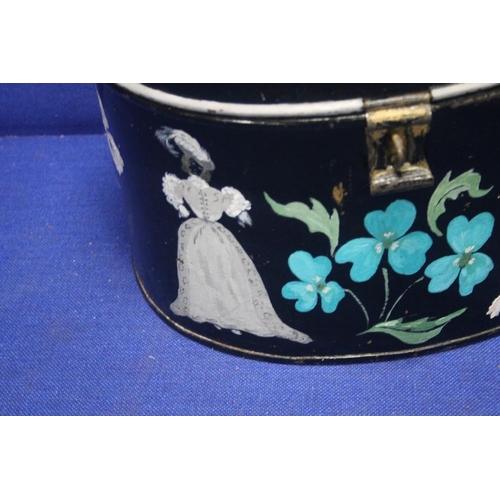 190 - A HAND PAINTED METAL HAT BOX