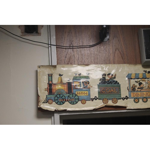 20 - A RYAN SMITH PRINT OF A CHILDREN'S STEAM TRAIN WITH TENDER WITH 3 PIECES OF ROLLING STOCK TO INCLUDE... 