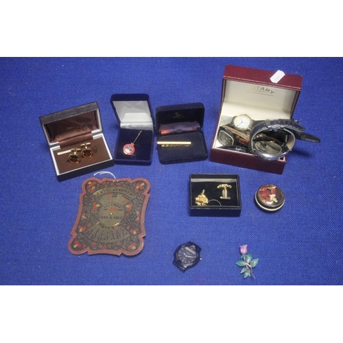 211A - A BOX OF COLLECTABLES TO INCLUDE A 28 YEAR CALENDAR. WATCHES, CUFFLINKS ETC