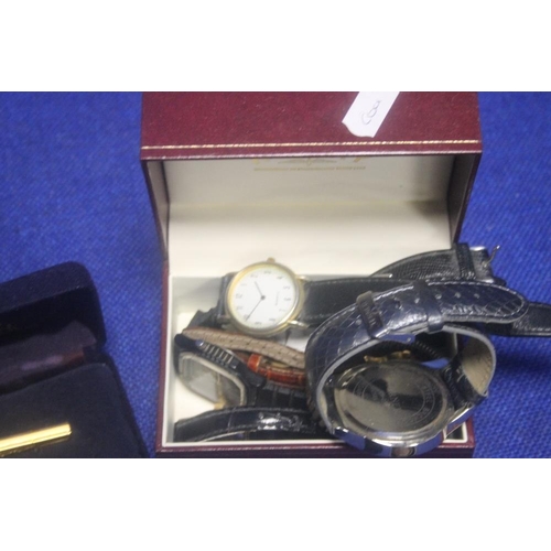 211A - A BOX OF COLLECTABLES TO INCLUDE A 28 YEAR CALENDAR. WATCHES, CUFFLINKS ETC