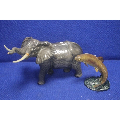 226 - A BESWICK ELEPHANT A/F TOGETHER WITH A BESWICK TROUT A/F