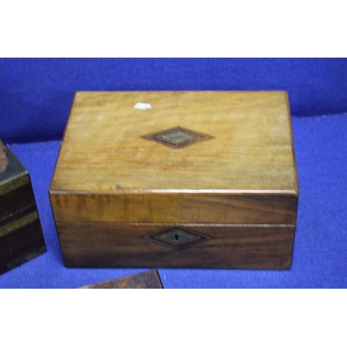 234 - AN ANTIQUE WRITING SLOPE TOGETHER WITH A TEA CADDY ETC