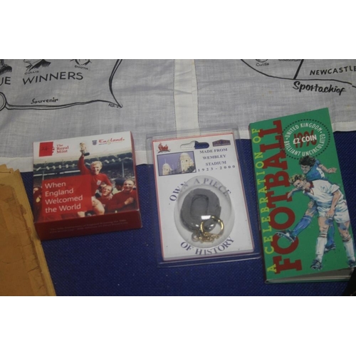 234A - A COLLECTION OF FOOTBALL MEMORABILLIA TO INCLUDE 1966/2016 ALDERNEY 35 COIN IN CASE, TWO PIECES OF W... 