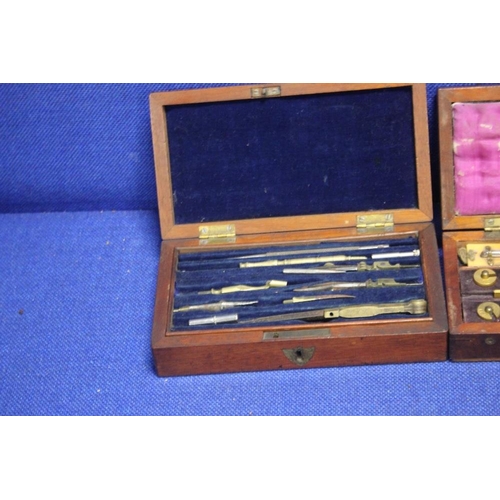 237 - TWO CASED COMPASS SETS TOGETHER WITH A CASED HYDROMETER AND A PART CASED STAMP SET