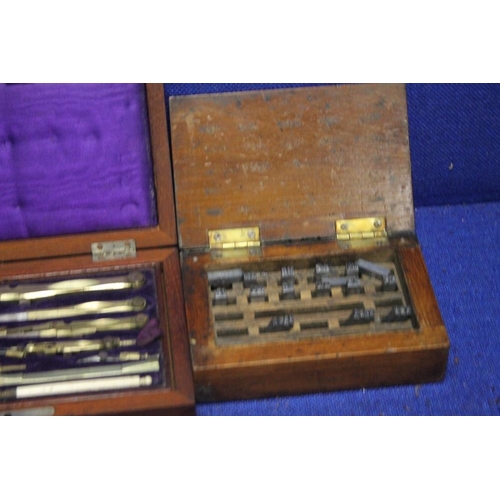 237 - TWO CASED COMPASS SETS TOGETHER WITH A CASED HYDROMETER AND A PART CASED STAMP SET