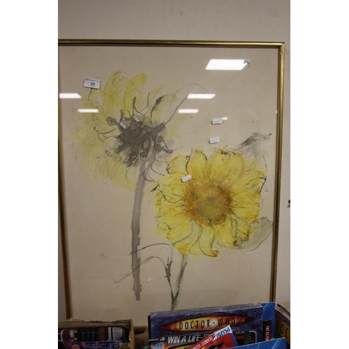 24 - A FRAMED AND GLAZED WATERCOLOUR DEPICTING A SUNFLOWER