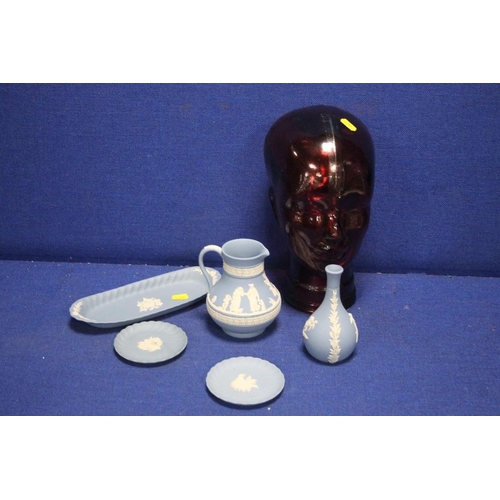 243 - A SMALL COLLECTION OF WEDGWOOD JASPERWARE TOGETHER WITH A GLASS HEAD