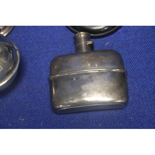 307 - TWO HALLMARKED SILVER TROPHY'S TOGETHER WITH A HALLMARKED SILVER HIP FLASK AND JUG