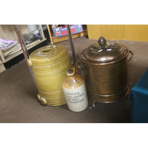 338 - AN ANTIQUE COPPER LIDDED POT TOGETHER WITH A STONEWARE FLAGON ETC