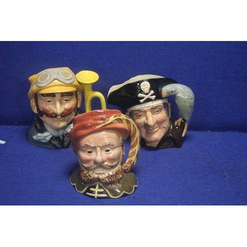 351 - TWO ROYAL DOULTON CHARACTER JUGS TO INCLUDE LONG JOHN SILVER, VETERAN MOTORIST TOGETHER WITH A BESWI... 