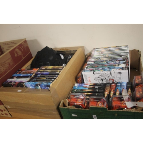 390 - THREE BOXES OF DR WHO AND JUDGE DREDD BOOKS TOGETHER WITH 8 CARDED DR WHO FIGURES