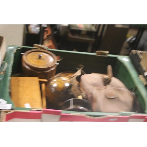 439 - A TRAY OF TREEN AND COLLECTABLES TO INCLUDE A TEA CADDY