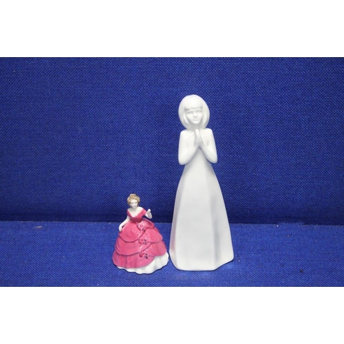 45 - A ROYAL DOULTON FIGURINE 'GOD BLESS YOU' TOGETHER WITH A MINIATURE COALPORT FIGURINE