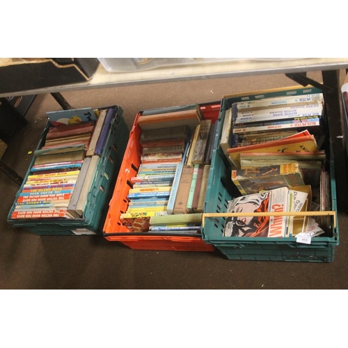 455 - THREE TRAYS OF BOOKS TO INCLUDE VINTAGE ANNUALS