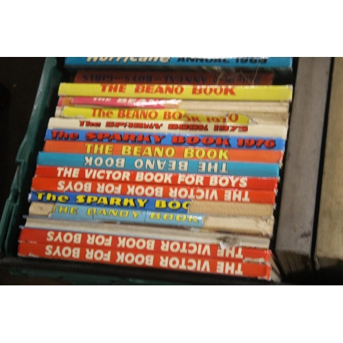 455 - THREE TRAYS OF BOOKS TO INCLUDE VINTAGE ANNUALS