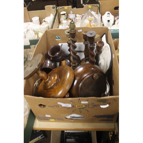 481 - A BOX OF ASSORTED TREEN TO INCLIUDE A BARLEY TWIST LAMP