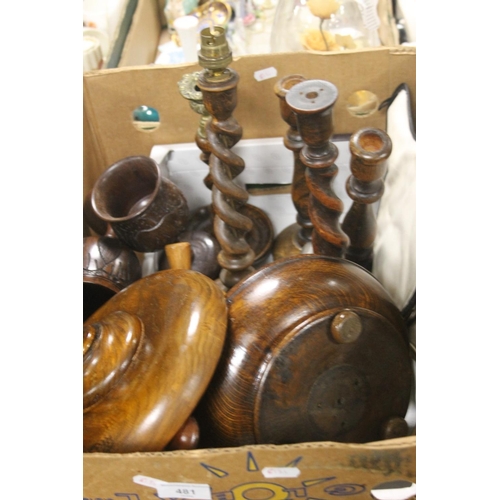 481 - A BOX OF ASSORTED TREEN TO INCLIUDE A BARLEY TWIST LAMP