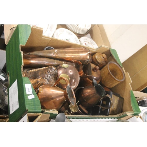 490 - A QUANTITY OF TREEN AND COPPER WARE (TRAYS NOT INCLUDED)