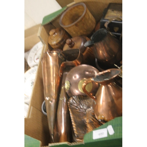 490 - A QUANTITY OF TREEN AND COPPER WARE (TRAYS NOT INCLUDED)