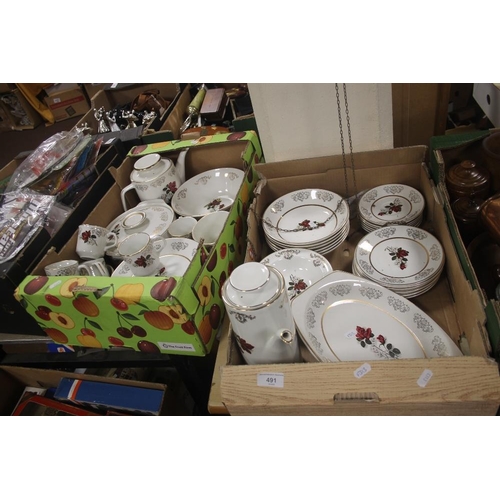 491 - TWO TRAYS OF ROSE PATTERNED TEA AND DINNERWARE (TRAYS NOT INCLUDED)