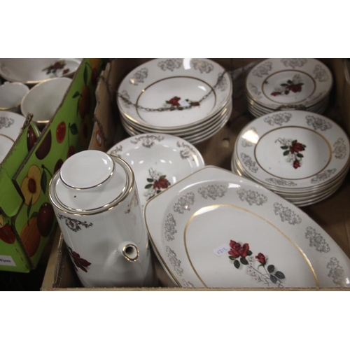 491 - TWO TRAYS OF ROSE PATTERNED TEA AND DINNERWARE (TRAYS NOT INCLUDED)