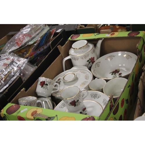 491 - TWO TRAYS OF ROSE PATTERNED TEA AND DINNERWARE (TRAYS NOT INCLUDED)