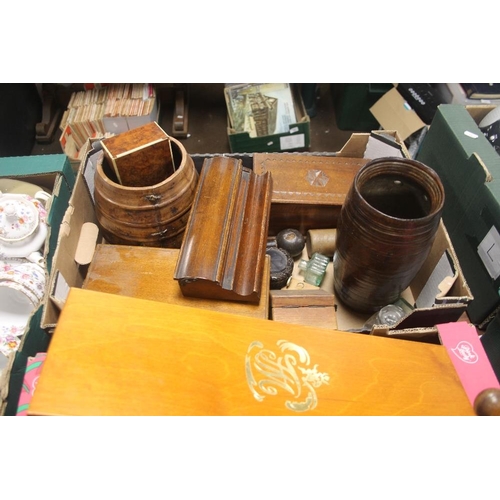 504 - TWO TRAYS OF TREEN AND COLLECTABLES TO INCLUDE AN INK STAND ETC (TRAYS NOT INCLUDED)