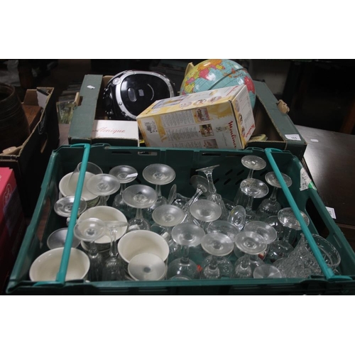 505 - A TRAY OF COLLECTABLES TO INCLUDE A GLOBE TOGETHER WITH A TRAY OF GLASSWARE (TRAYS NOT INCLUDED)