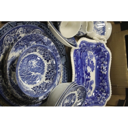 511 - ATRAY OF BLUE AND WHITE TEA AND DINNERWARE (TRAYS NOT INCLUDED)