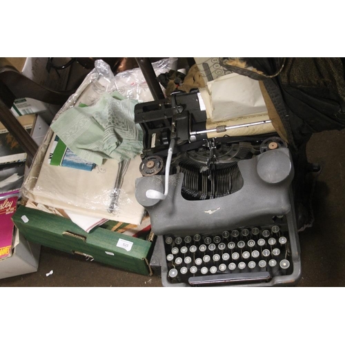 525 - A TRAY OF LINEN, A TYPEWRITER ETC