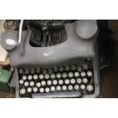 525 - A TRAY OF LINEN, A TYPEWRITER ETC