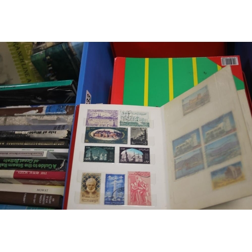 565 - TWO TRAYS INCLUDING STAMP ALBUMS, FIRST DAY COVERS AND LOOSE STAMPS